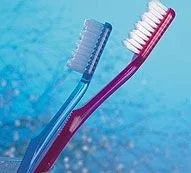 Blue and purple toothbrushes illustrating family dental hygiene products