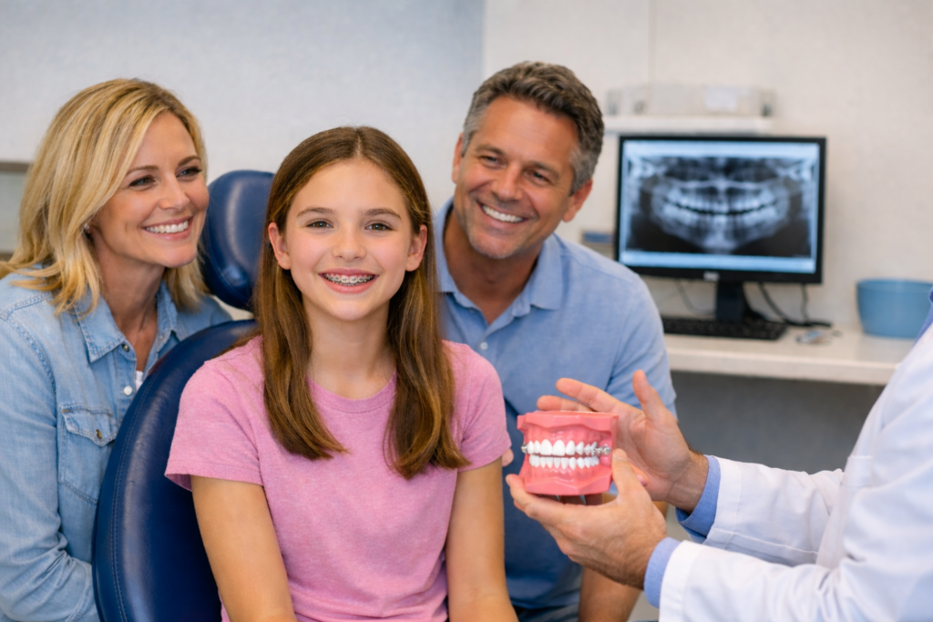 Teen smiling during braces consultation in Wentzville MO with parents