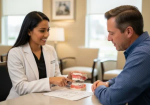 Friendly dentist discussing tooth replacement plan with adult patient and jaw model