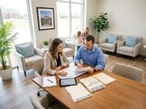 Dentist and parent reviewing care plans in a welcoming office