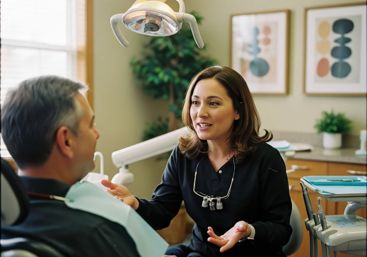 Smiling dental professional reviewing a checklist with a new patient